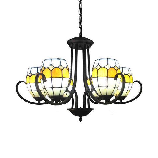 Yellow Stained Glass Oval Chandelier with Adjustable Chain - Ideal for Restaurants (6/8 Lights)