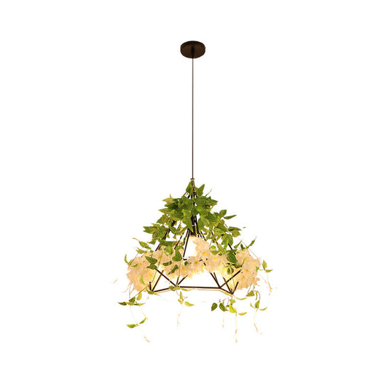 1-Light Diamond Cage Pendant Hanging Light Fixture - White/Red With Artificial Floral Deco For