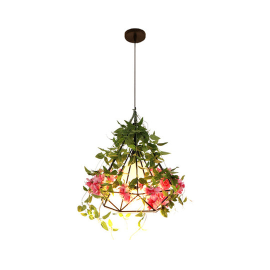 1-Light Diamond Cage Pendant Hanging Light Fixture - White/Red With Artificial Floral Deco For