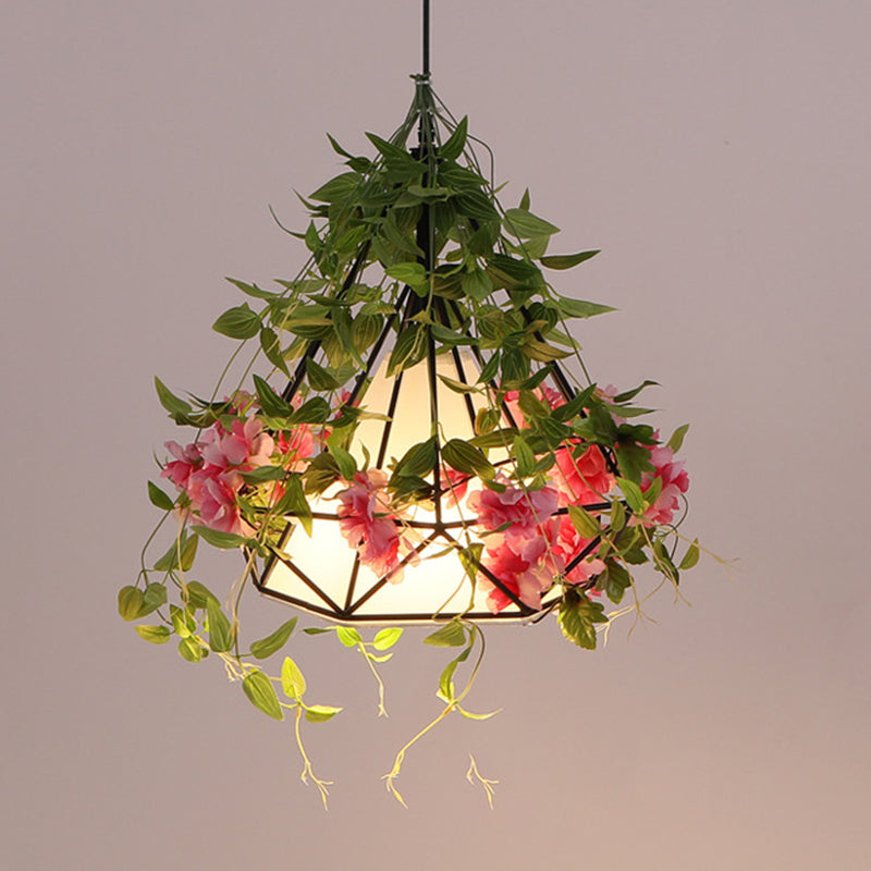 1-Light Diamond Cage Pendant Hanging Light Fixture - White/Red With Artificial Floral Deco For