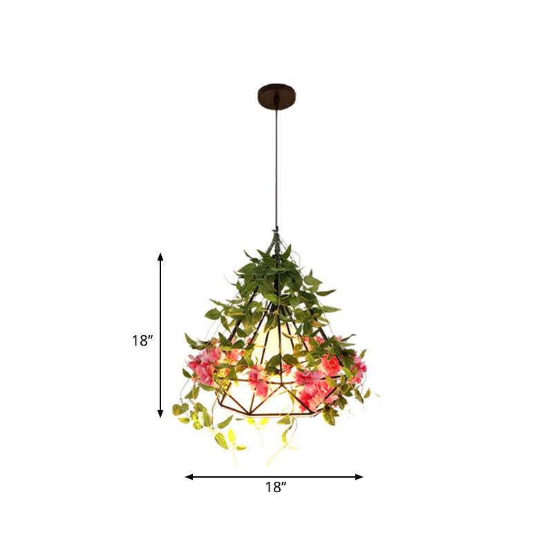 1-Light Diamond Cage Pendant Hanging Light Fixture - White/Red With Artificial Floral Deco For