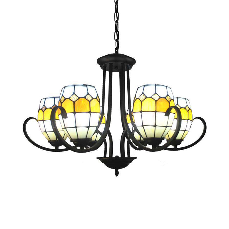 Adjustable Chain Stained Glass Pendant Light - Oval Chandelier Lamp With 6/8 Lights In Yellow For