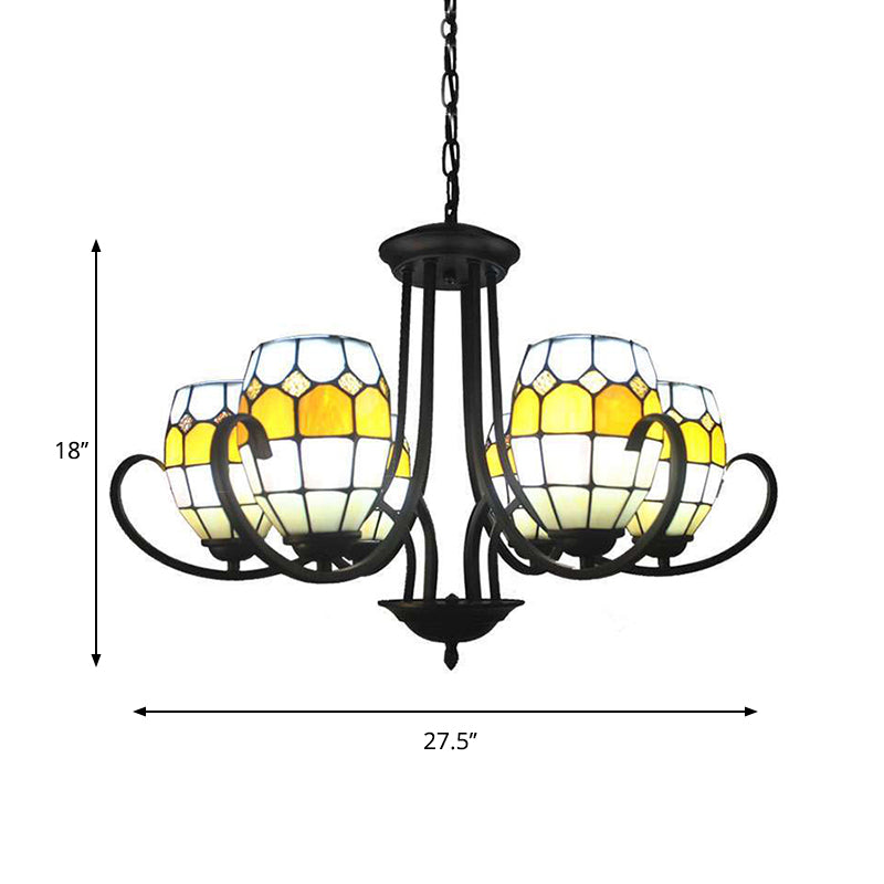 Yellow Stained Glass Oval Chandelier with Adjustable Chain - Ideal for Restaurants (6/8 Lights)