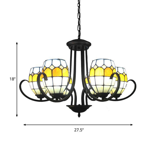 Yellow Stained Glass Oval Chandelier with Adjustable Chain - Ideal for Restaurants (6/8 Lights)