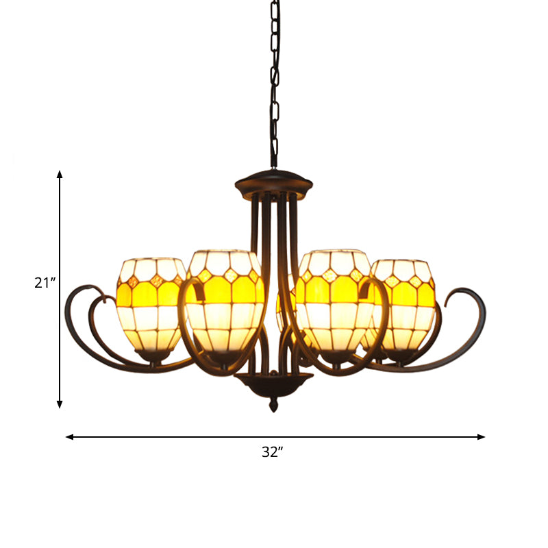 Yellow Stained Glass Oval Chandelier with Adjustable Chain - Ideal for Restaurants (6/8 Lights)