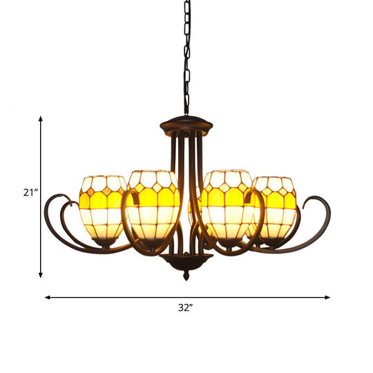 Yellow Stained Glass Oval Chandelier with Adjustable Chain - Ideal for Restaurants (6/8 Lights)