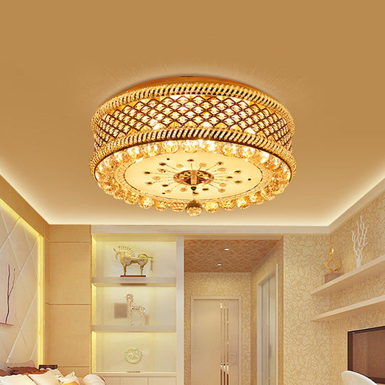 Modern Drum Shade Ceiling Lamp with LED, Gold Finish and Crystal Accents for Living Room