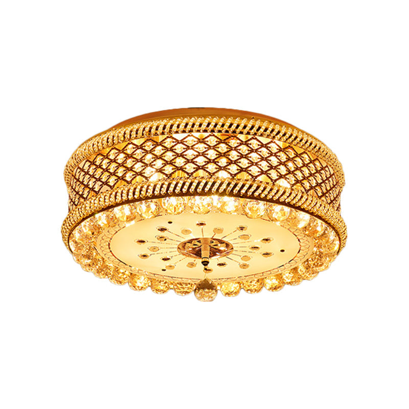 Modern Drum Shade Ceiling Lamp with LED, Gold Finish and Crystal Accents for Living Room