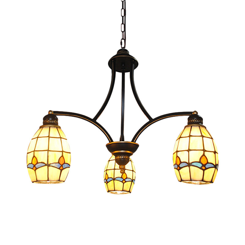 Rustic 3-Light Magnolia Chandelier with Oval Beige Glass Shade