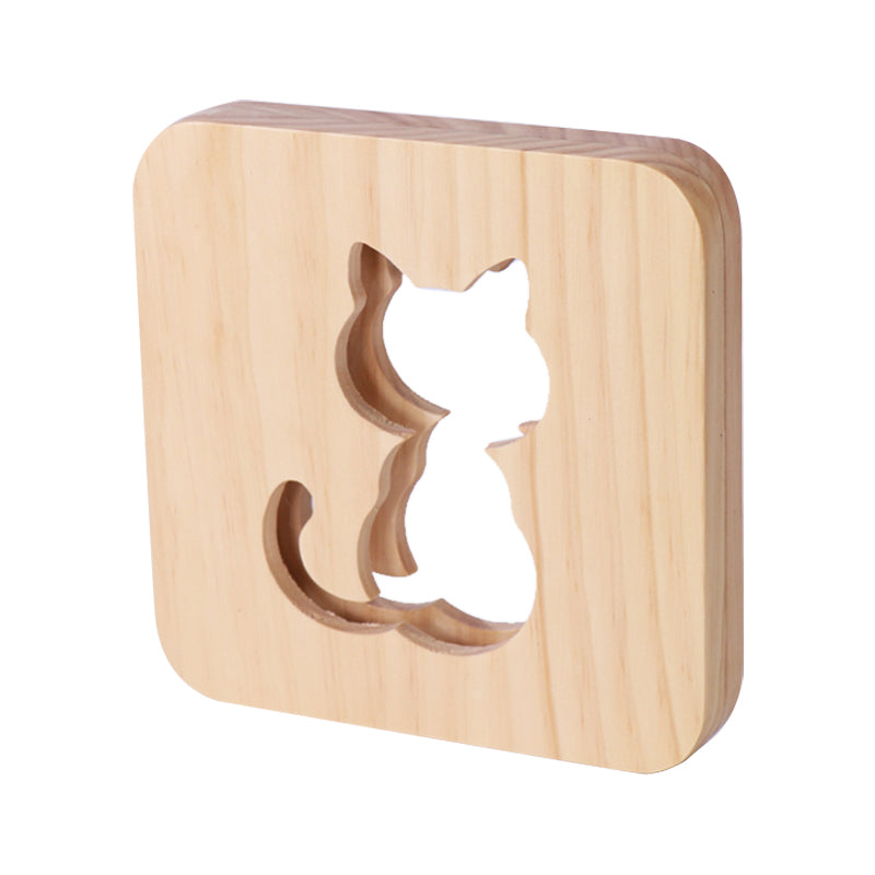 Modernist Beige Wood Etched Cat Night Light With Led Square Frame - Perfect For Bedside