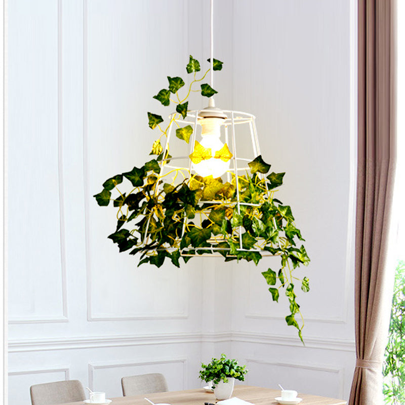 Farmhouse White Conic Cage Pendant Lamp With Metallic Finish & Artificial Plant Deco