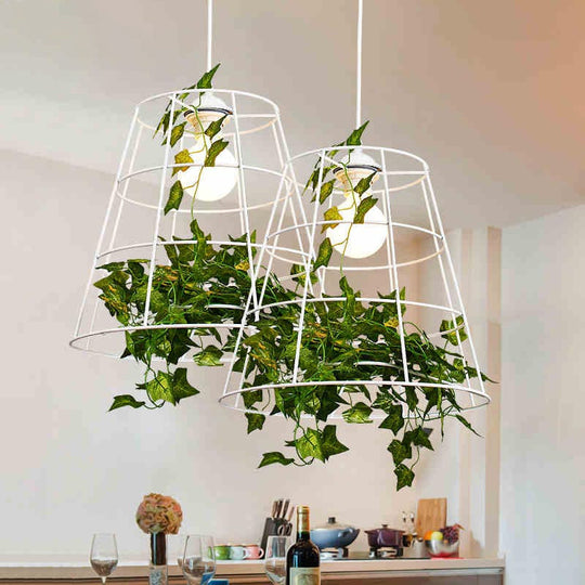 Farmhouse White Conic Cage Pendant Lamp With Metallic Finish & Artificial Plant Deco