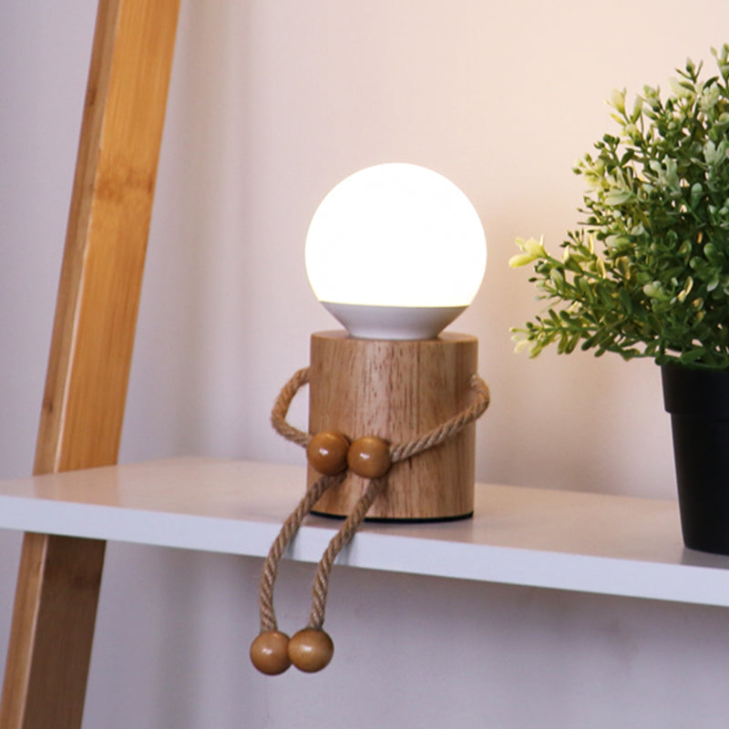 Wooden Led Cartoon Nightstand Light - Puppet Shaped Bedside Nightlight In Beige Wood / Usb