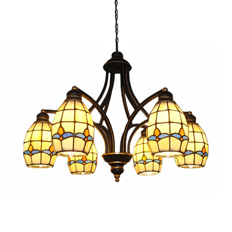 Oval Ceiling Pendant with Magnolia Stained Glass Tiffany Lighting (6/8 Lights) in Beige