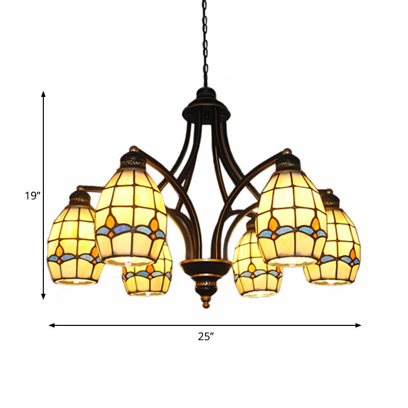 Oval Ceiling Pendant with Magnolia Stained Glass Tiffany Lighting (6/8 Lights) in Beige