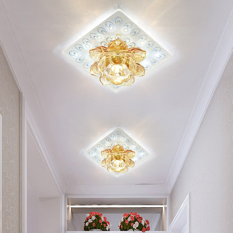 Modern LED Amber Crystal Lotus Ceiling Light with Peacock Pattern in Warm/White Light for Flush Mounting