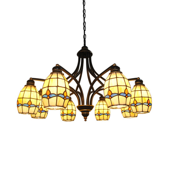 Oval Ceiling Pendant with Magnolia Stained Glass Tiffany Lighting (6/8 Lights) in Beige