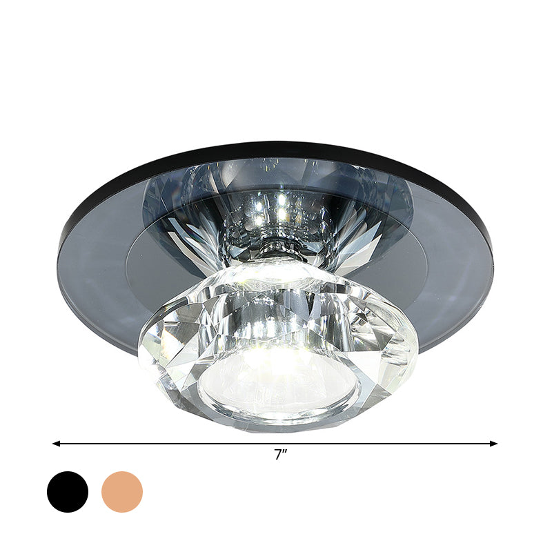 LED Porch Semi Flush Mount Light - Simple Black/Tan Ceiling Lighting with Clear Crystal Shade - Warm/White Light