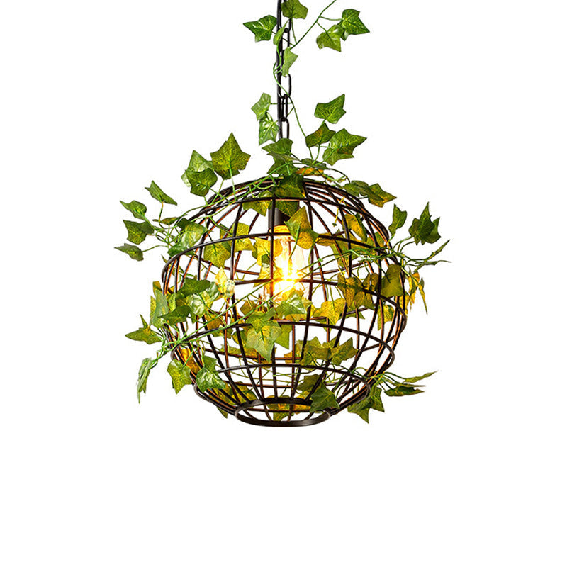 Antiqued Black Metal Orb Cage Ceiling Light - Elegant 1 Head Pendant Lamp With Leaf Deco For Dining