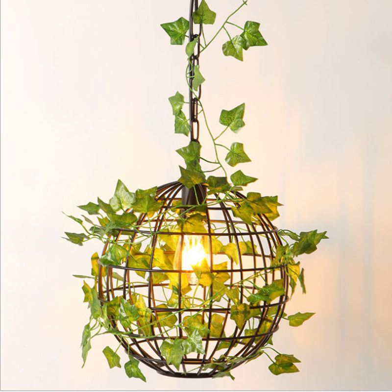 Antiqued Black Metal Orb Cage Ceiling Light - Elegant 1 Head Pendant Lamp With Leaf Deco For Dining