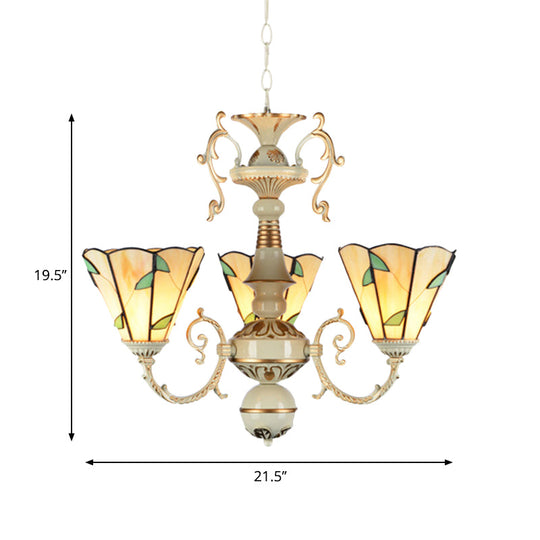 Traditional Beige Glass Leaf Chandelier with 3 Lights and Adjustable Chain