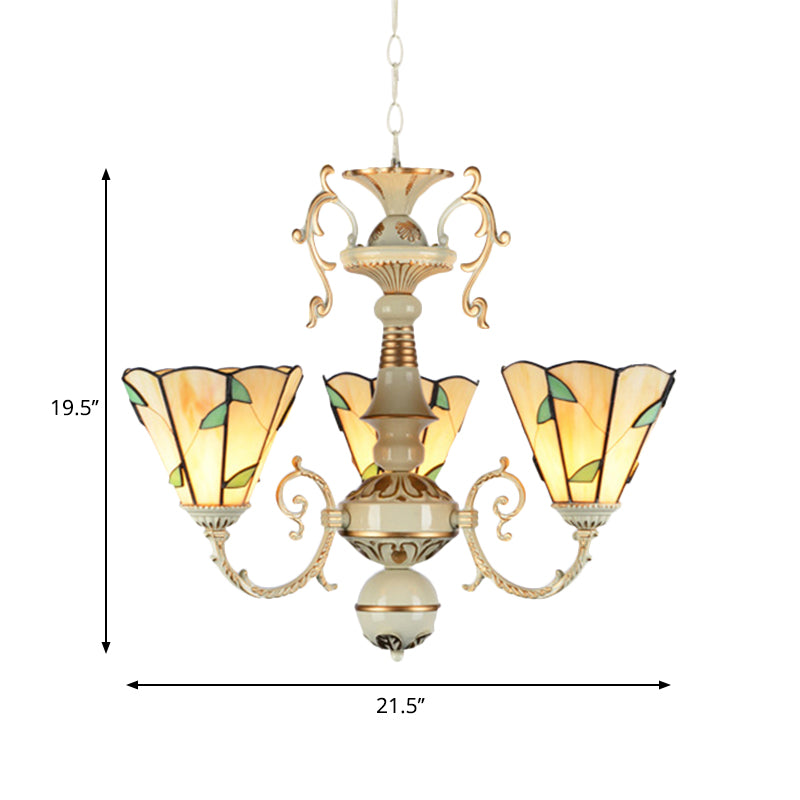 Beige Glass Leaf Pendant Chandelier With Adjustable Chain - Traditional Style