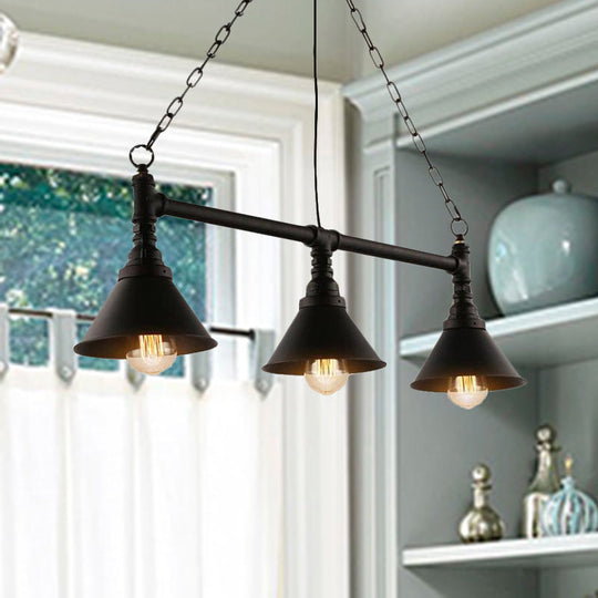 Antique Style 3-Head Metallic Island Pendant Lamp With Cone Shade - Kitchen Light Fixture