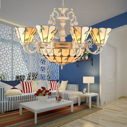 9/11 Lights Leaf Indoor Pendant Light With Stained Glass Cone And Dome Shade - Rustic Chandelier