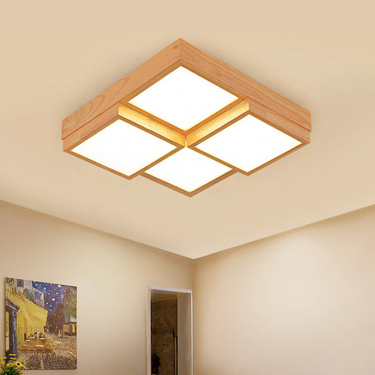 Modern Natural Wood Square Flush Mount Ceiling Light - 4/6/9-Light LED Wooden Fixture in Warm/White/Natural Tones