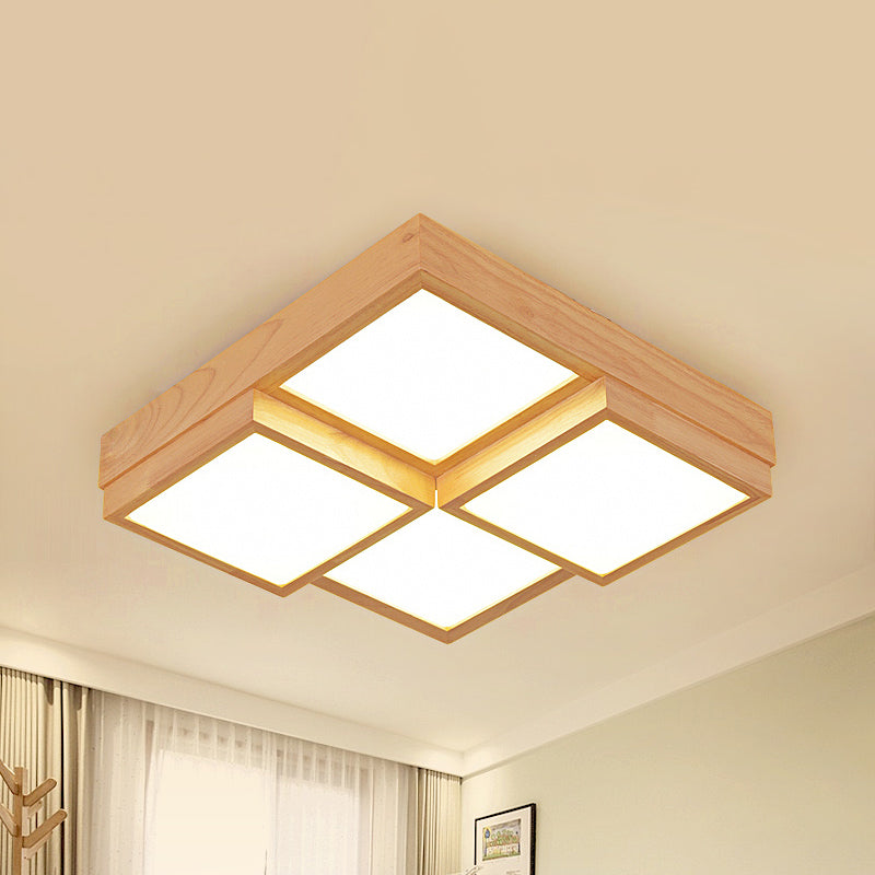 Modern Natural Wood Led Ceiling Lamp - Square Flush Shape With 4/6/9-Light Options In