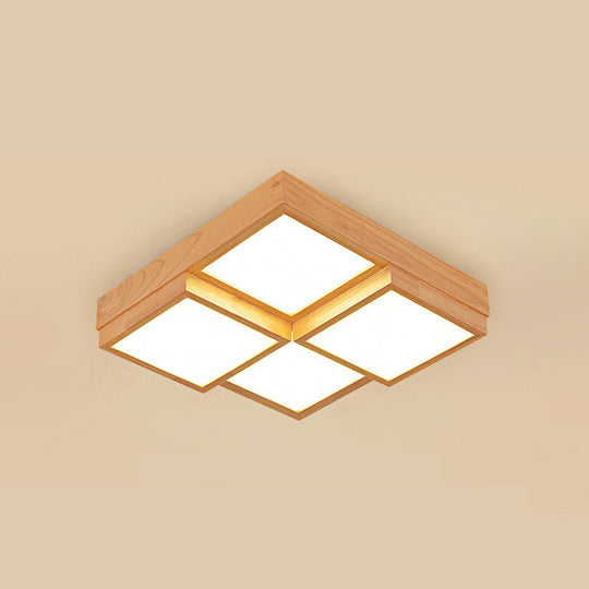 Modern Natural Wood Square Flush Mount Ceiling Light - 4/6/9-Light LED Wooden Fixture in Warm/White/Natural Tones