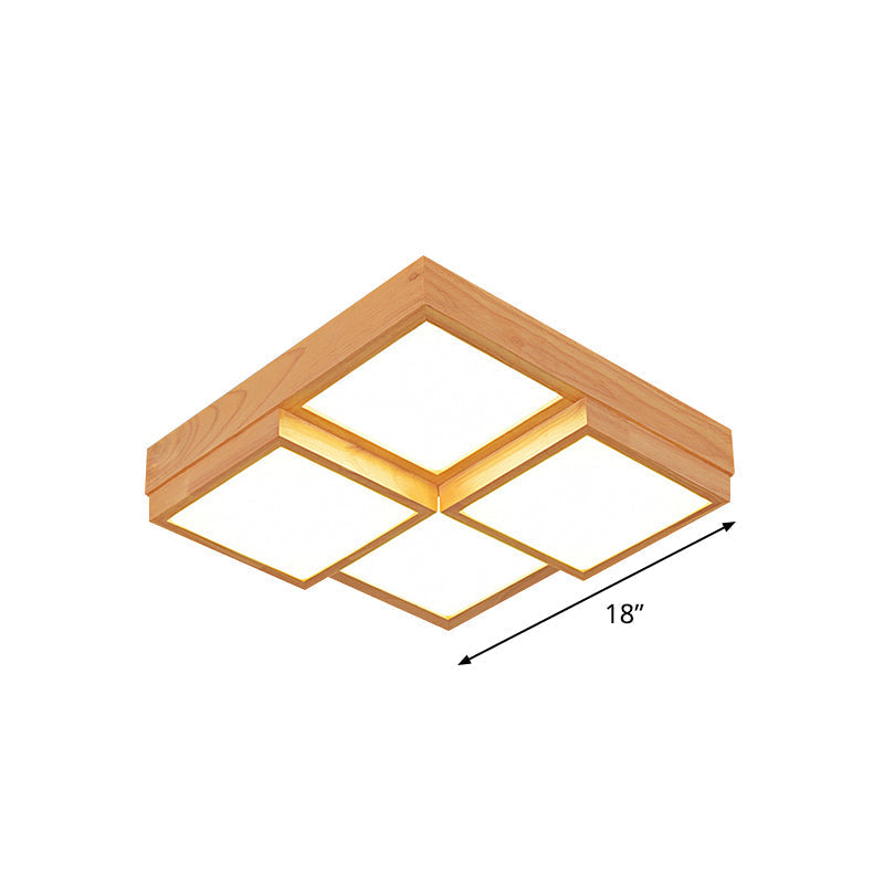 Modern Natural Wood Square Flush Mount Ceiling Light - 4/6/9-Light LED Wooden Fixture in Warm/White/Natural Tones