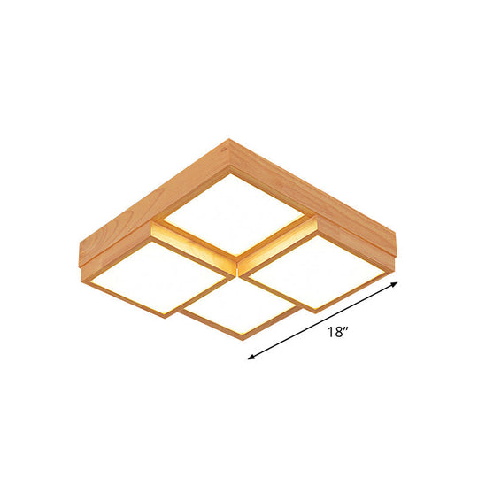 Modern Natural Wood Square Flush Mount Ceiling Light - 4/6/9-Light LED Wooden Fixture in Warm/White/Natural Tones