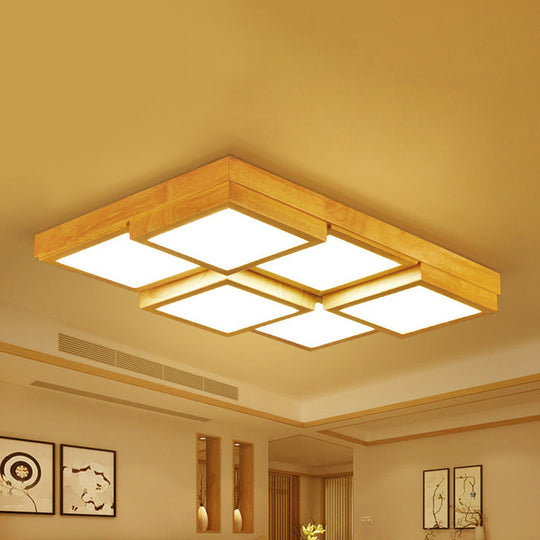 Modern Natural Wood Square Flush Mount Ceiling Light - 4/6/9-Light LED Wooden Fixture in Warm/White/Natural Tones