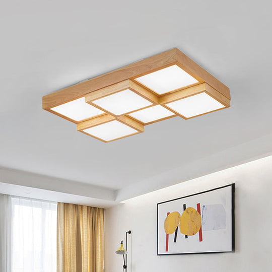 Modern Natural Wood Square Flush Mount Ceiling Light - 4/6/9-Light LED Wooden Fixture in Warm/White/Natural Tones