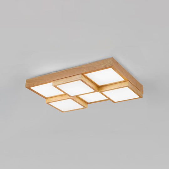 Modern Natural Wood Square Flush Mount Ceiling Light - 4/6/9-Light LED Wooden Fixture in Warm/White/Natural Tones