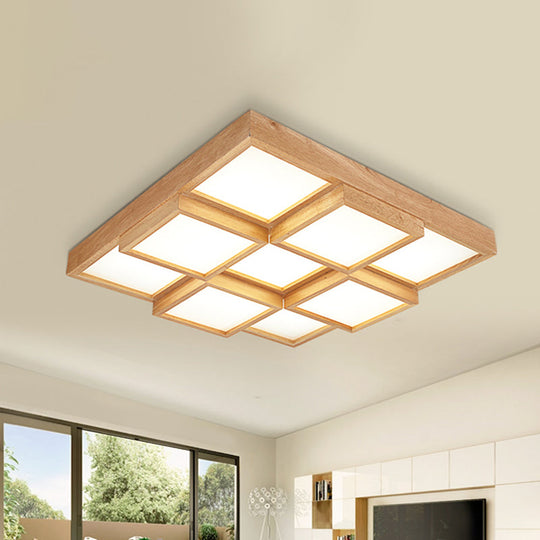 Modern Natural Wood Square Flush Mount Ceiling Light - 4/6/9-Light LED Wooden Fixture in Warm/White/Natural Tones