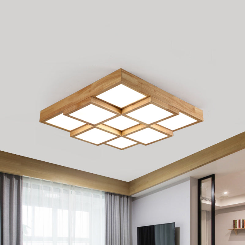 Modern Natural Wood Square Flush Mount Ceiling Light - 4/6/9-Light LED Wooden Fixture in Warm/White/Natural Tones