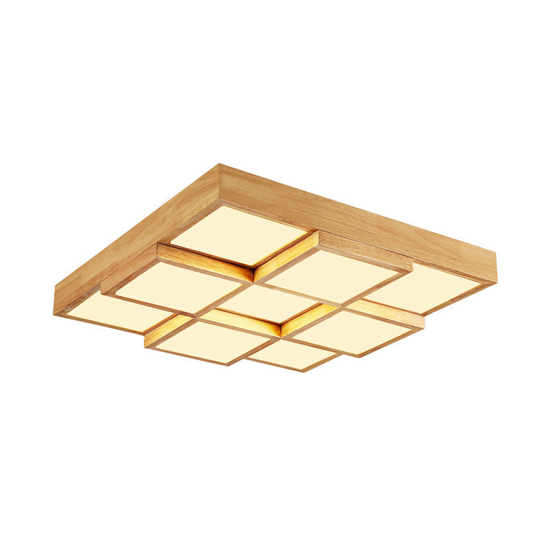 Modern Natural Wood Square Flush Mount Ceiling Light - 4/6/9-Light LED Wooden Fixture in Warm/White/Natural Tones