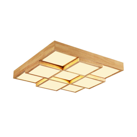 Modern Natural Wood Led Ceiling Lamp - Square Flush Shape With 4/6/9-Light Options In