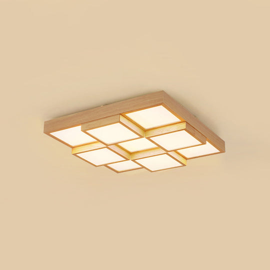 Modern Natural Wood Square Flush Mount Ceiling Light - 4/6/9-Light LED Wooden Fixture in Warm/White/Natural Tones