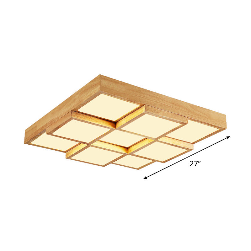 Modern Natural Wood Square Flush Mount Ceiling Light - 4/6/9-Light LED Wooden Fixture in Warm/White/Natural Tones