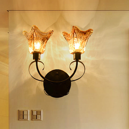 Black Amber Glass Sconce Light: Floral 2 Bulbs Traditional Wall Lighting With Metal Curved Arm