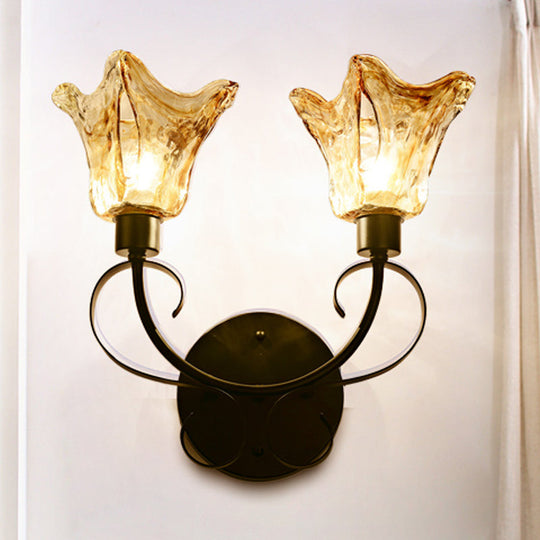 Black Amber Glass Sconce Light: Floral 2 Bulbs Traditional Wall Lighting With Metal Curved Arm