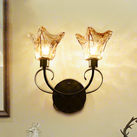 Black Amber Glass Sconce Light: Floral 2 Bulbs Traditional Wall Lighting With Metal Curved Arm