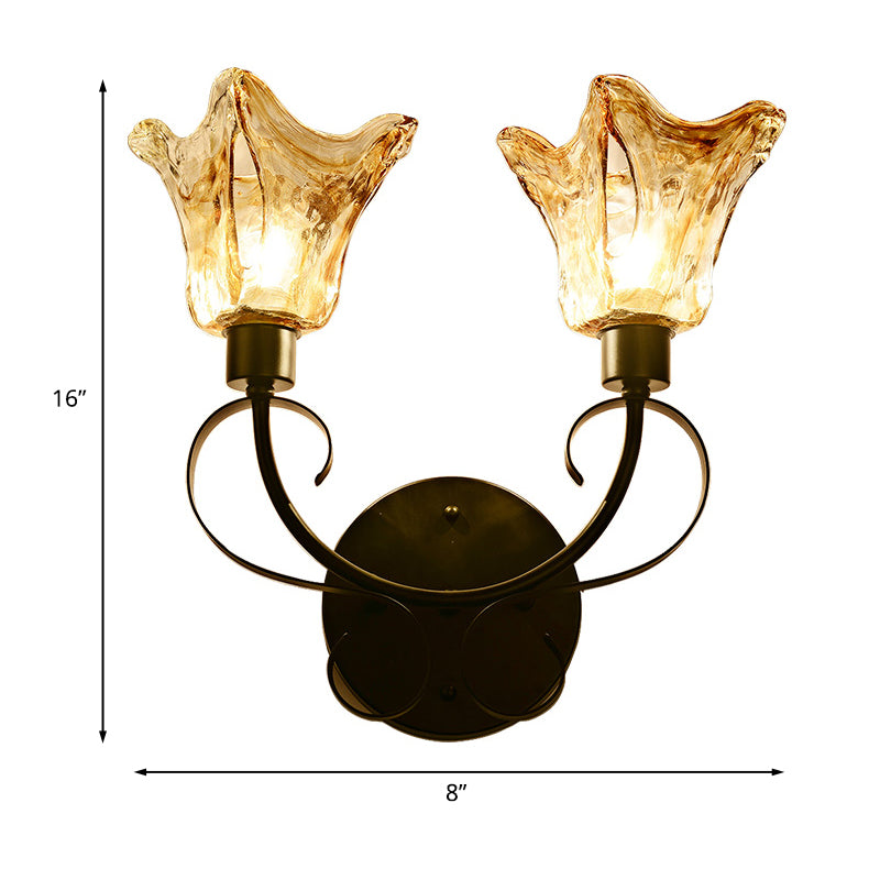 Black Amber Glass Sconce Light: Floral 2 Bulbs Traditional Wall Lighting With Metal Curved Arm