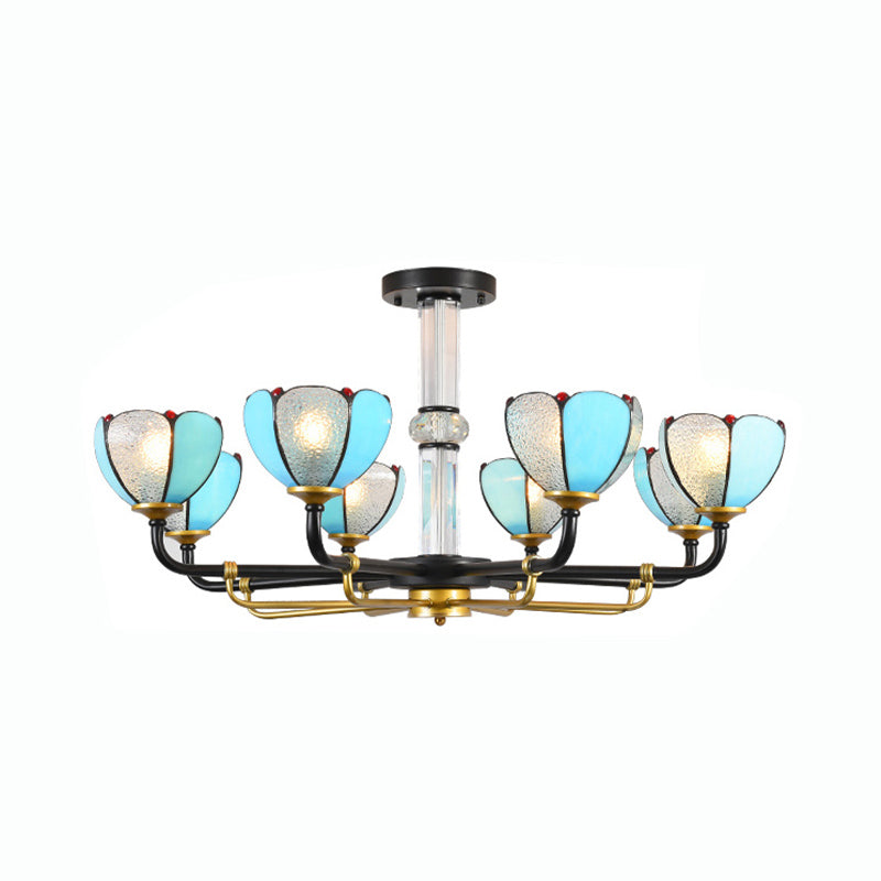 Blue Stained Glass Floral Chandelier - Traditional Pendant Lighting for Living Room - 6/8 Lights