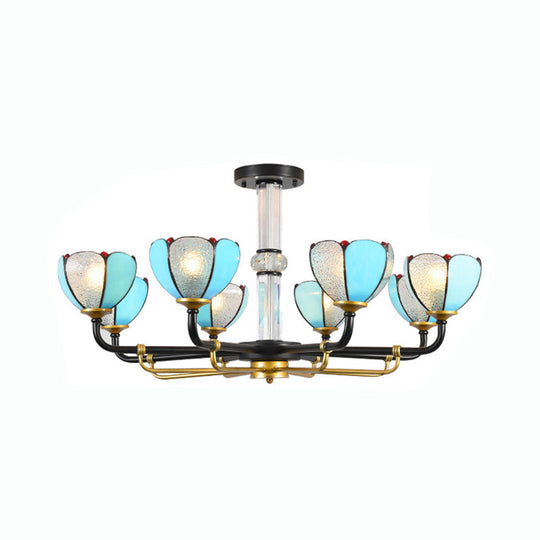 Blue Floral Chandelier Pendant Lighting Traditional Stained Glass 6/8 Lights For Living Room