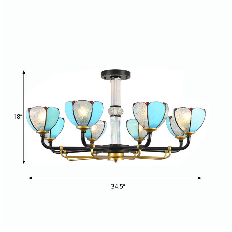 Blue Stained Glass Floral Chandelier - Traditional Pendant Lighting for Living Room - 6/8 Lights