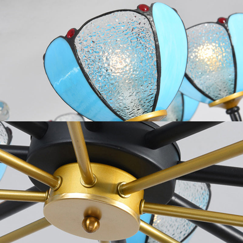 Blue Stained Glass Floral Chandelier - Traditional Pendant Lighting for Living Room - 6/8 Lights